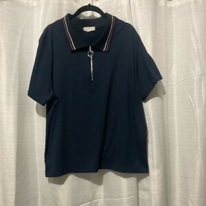 Glitz Navy Blue Quarter-Zip Polo Shirt - Ring Zipper Detail Striped Collar Sz3XL